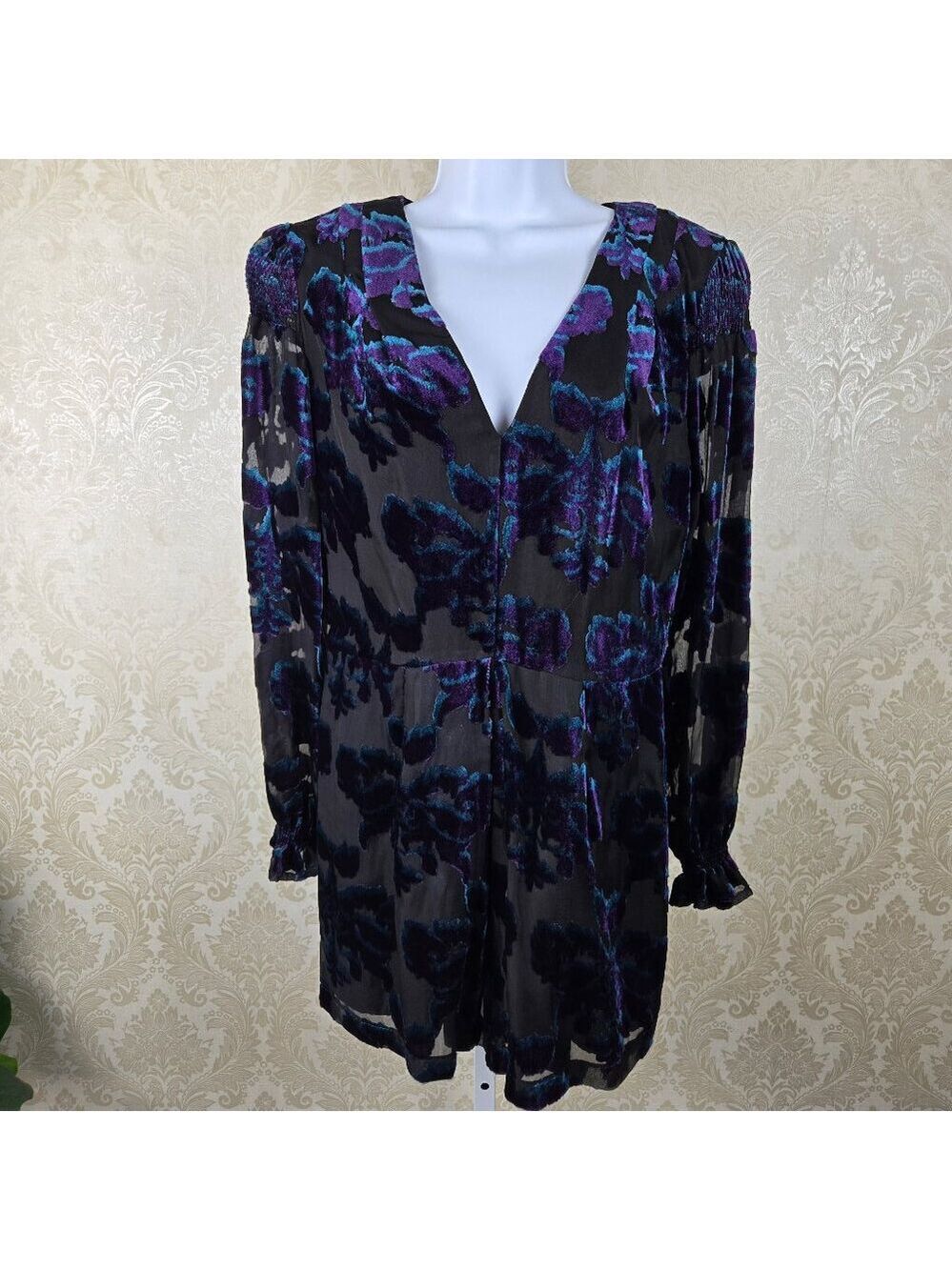 Adelyn Rae Size Small Black Purple Turq Velvet Burnout Romper Long Sleeve Ruffle